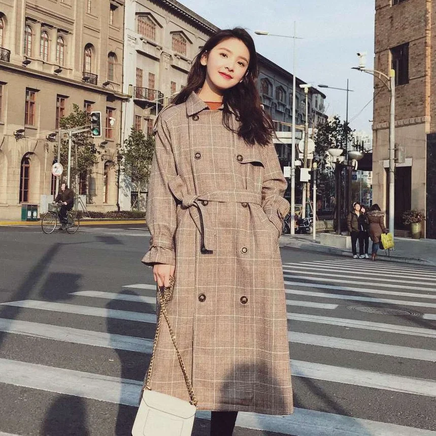 

Photo Shoot Korean-Style CHIC Elegant Ol Coffee Color Plaid Long Suit Collar Double Breasted Waist Hugging Lace-up Trench Coat W