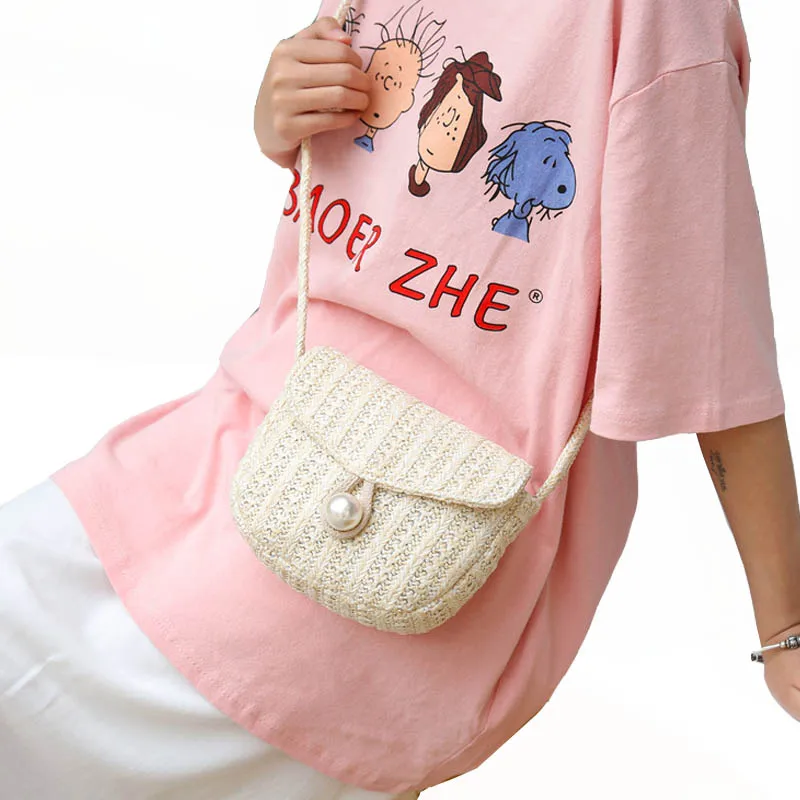 

Women Summer Bohemian Woven Bag Female Beach Straw Bag Woven Rattan Hollow Shoulder Messenger Bags Inlaid Pearls Handbags Tote