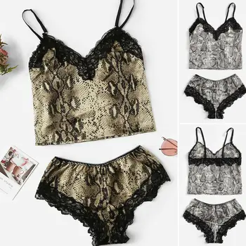 

Lady Lace Vest Cami Top Satin Pajama Sets Womens Girls Spaghetti Top with Shorts Pyjamas Set Leopard Nightwear