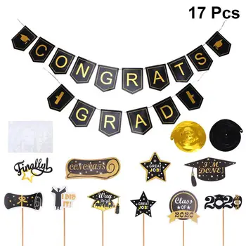 

17pcs In 1 Set Graduation Party Bunting And Spiral Swirl Cupcake Topper Set Letter Printing Banner Paper Pendant Hanging Garland