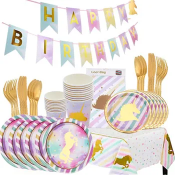 

Party Unicorn Themed Decorations Gold Knife, Fork, Spoon, Paper Cup, Plate, Tablecloth, Pennant Birthday Party Outfit YK35