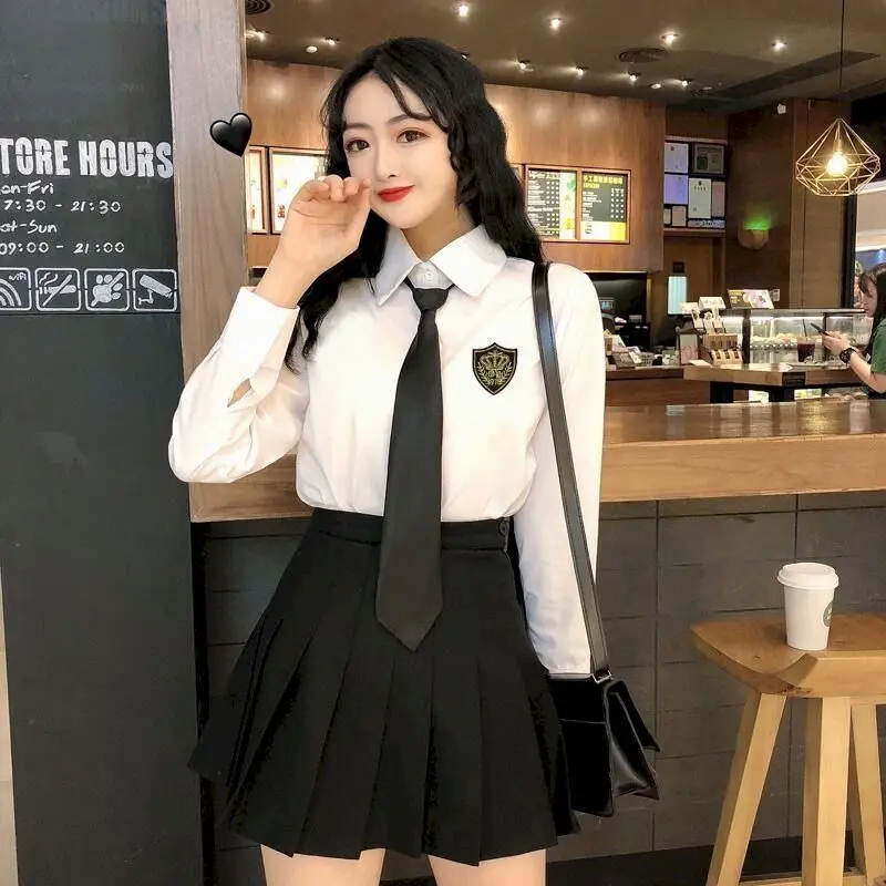 School Girl Uniform Two-piece College Style Pleated Skirt Suits Women Summer Loose Shirt Korean Uniform