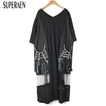 

SuperAen Summer and Spring 2020 New V-neck Dress Women Tassels Pocket Half Sleeve Ladies Dress Cotton Women Clothing