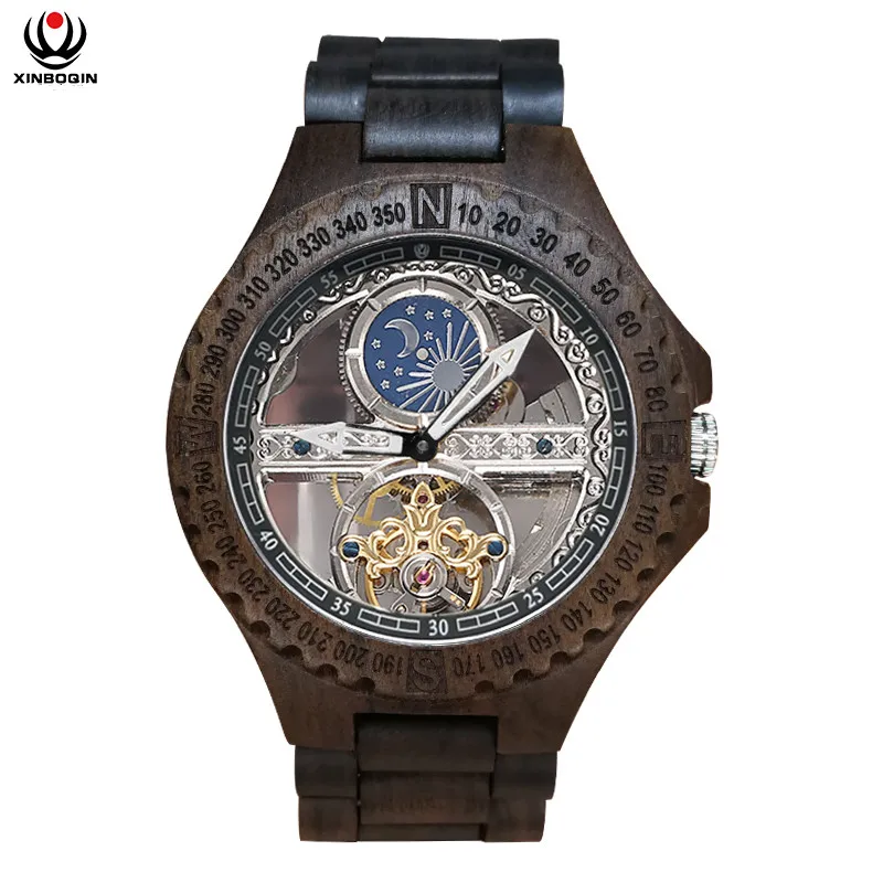 Креативные прозрачные мужские механические часы с автоматическим заводом, часы с турбийоном из натуральной кожи, водонепроницаемые часы Montre Moon Phase - Цвет: Full Wood Black