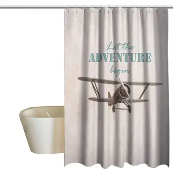 

Adventure Geometric Shower Curtain Let The Adventure Begin Inscription and Biplane Tropical Summer Vacation for Kids Bathroom