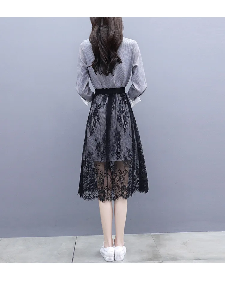 Photo Shoot Long Sleeve Mid-length Joint Lace Dress Women's Spring Plaid-Style Two-Piece Set Skirt