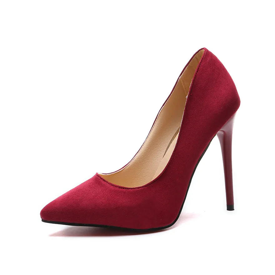 Женская обувь; коллекция года; выразительные женские туфли-лодочки из флока на высоком каблуке; классические женские свадебные туфли с острым носком; цвет красный, серый; большие размеры 35-44