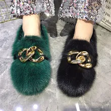 Women Winter Flats Slip On Warm Furry Moccasins Femmes Vintage Green Outside Footwear Gold Circle Chains Lady Shallow Loafers