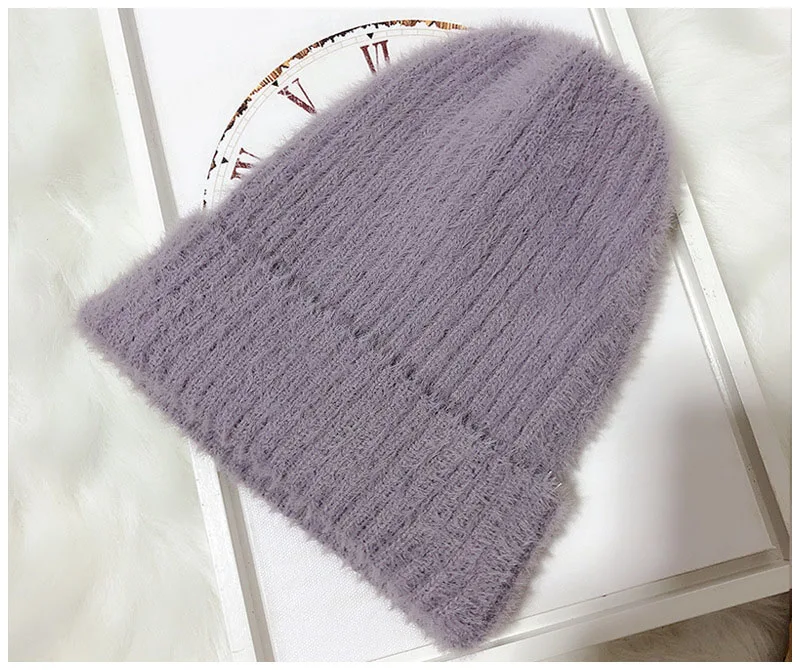 Light Purple OMEA, одноцветная вязаная шапка бини для женщин, зимняя шапка из кроличьей шерсти, шапка Skullies, весенняя и осенняя, теплая, трендовая, шапочки для женщин - Цвет: Light Purple