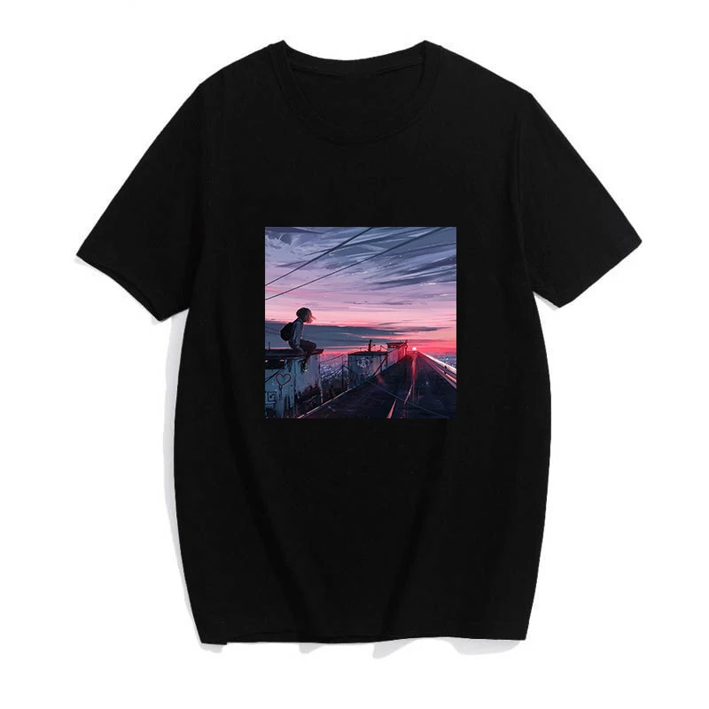 Летние пары для Харадзюку Повседневная парка Топы Футболка женская футболка любовь одинокий пейзаж принт Женская футболка для веганов camisas - Цвет: Black