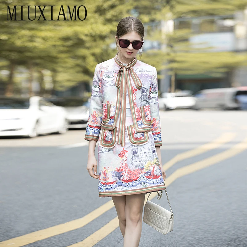 MIUXIMAO, лучшее качество, осень, офисный женский костюм-двойка, элегантный перламутровый топ с длинным рукавом+ роскошная юбка с цветочным принтом, костюмы для женщин, Vestido