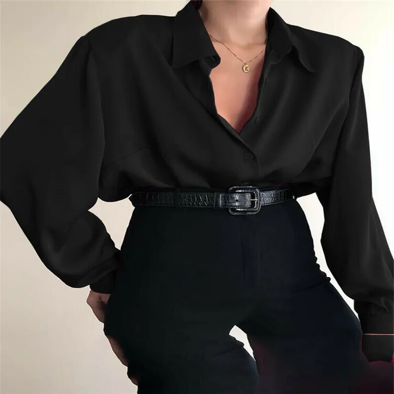 Women Button Blouses Turn Down Collar Shirts Office Lady Long Sleeve Casual Blouse Loose OL Shirt Baggy Tops Red/Wine Red /Black 6