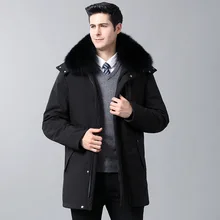 Высокое качество зимняя куртка Для мужчин Бизнес Повседневное Куртка–пуховик на 90% белом утином пуху с капюшоном съемный меховой воротник с подкладкой теплое пальто