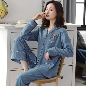 

Pajamas Autumn Winter Cardigan Pure Cotton Long Sleeve Fold Home Wear