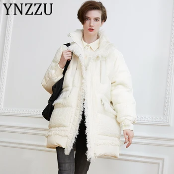 

YNZZU 2019 Winter New Design Tweed Patchwork Women's Down Jacket Tassel Fluffy White Goose Down Coat Thicken Warm Outwears A1342
