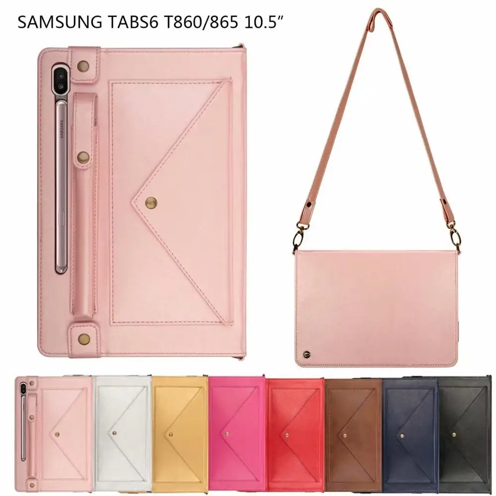 Genuine Leather Case with Pencil Holder for Samsung Galaxy Tab S6 10.5 SM-T860 SM-T865 Tablet Cover with Neck Strap+ Pen