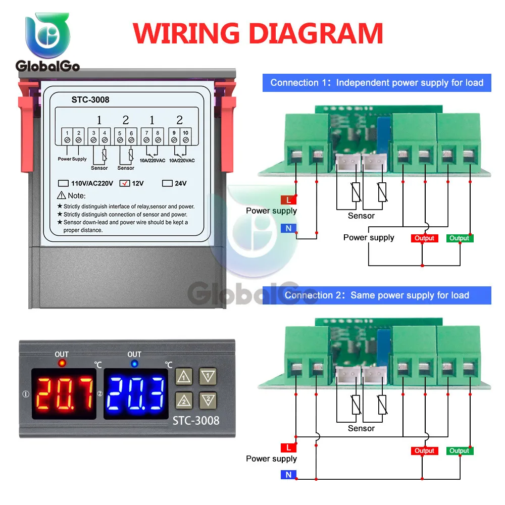 Двойной дисплей двухсторонний термостат двойной зонд температурный контроллер Датчик два реле выход AC110-220V DC24V 12 В STC-3008