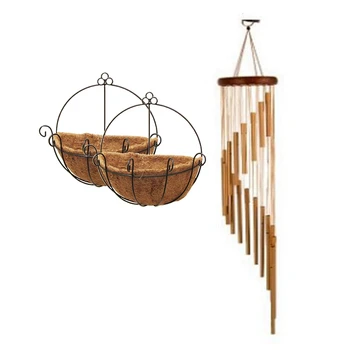

Newest 2 Pcs Iron Wall Hanging Basket Plant Flower Wall Hanging Bracket & 1 Pcs Wind Chimes Bells Copper Tubes