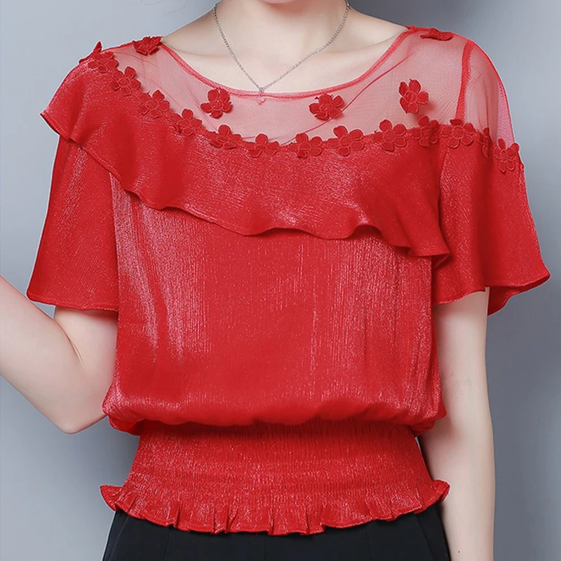

Female Chiffon Blouse Summer 2019 New Blouses Shirt Lace Three-dimensional Flower Women Shirt Sexy Hollow Out Ruffles Shirt 12F7