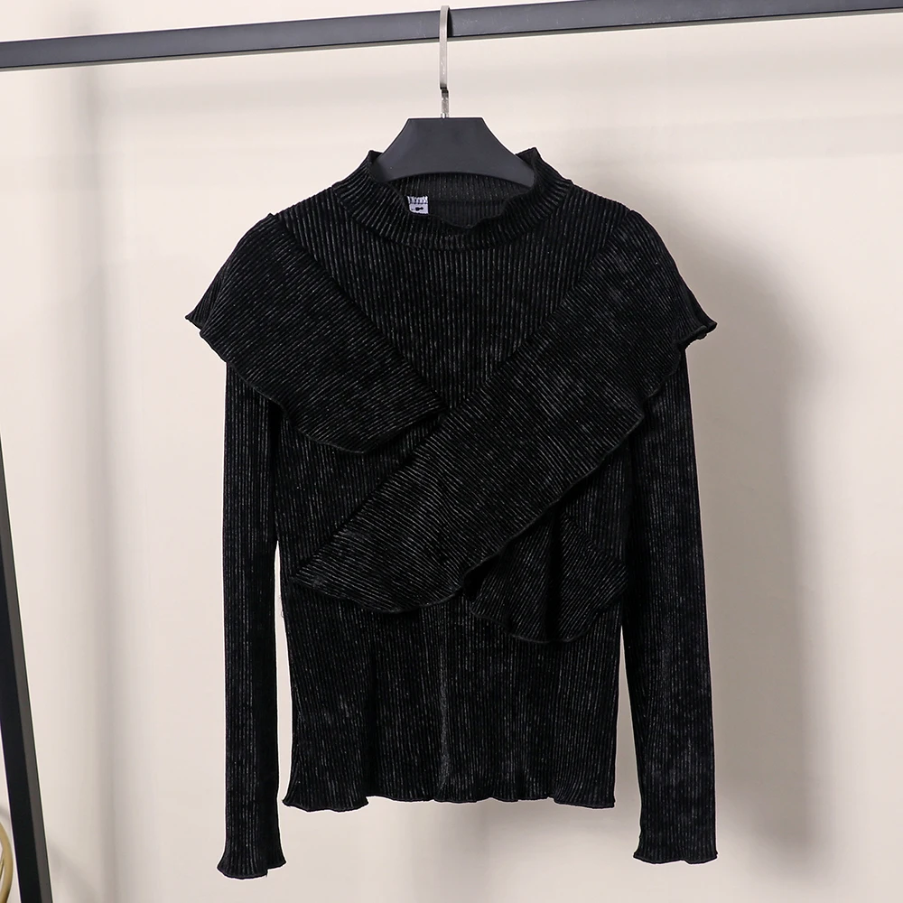 Новая весенняя женская одежда moda feminina, лоскутные Футболки с круглым вырезом и оборками, футболки с длинным рукавом, женские топы, повседневные стильные футболки для женщин