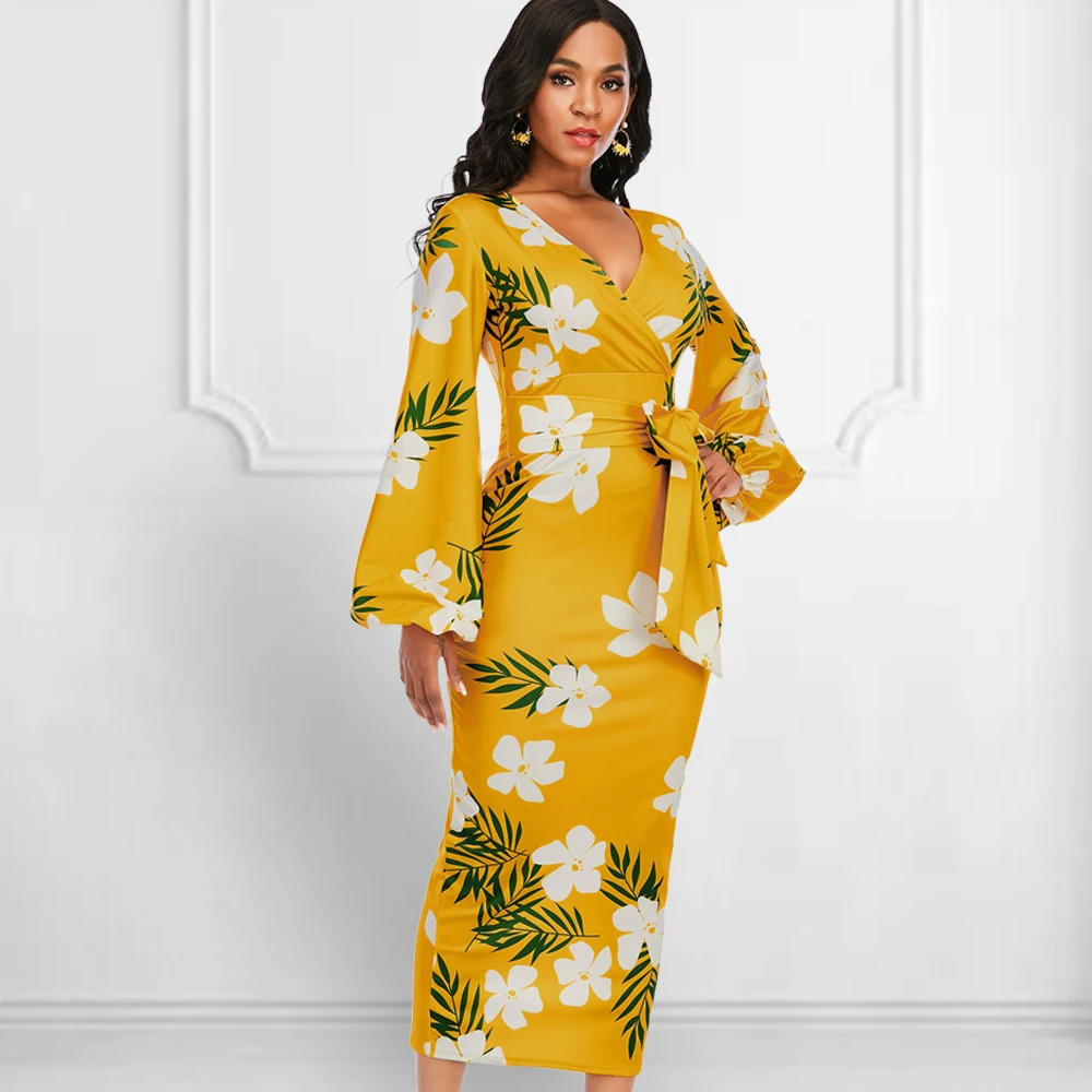 

Long Sleeve V Neck Floral Print Midi Dress Women Plus Size Slim Fit Waist Belt Party Date Night Dresses Vintage Fashion Clothing