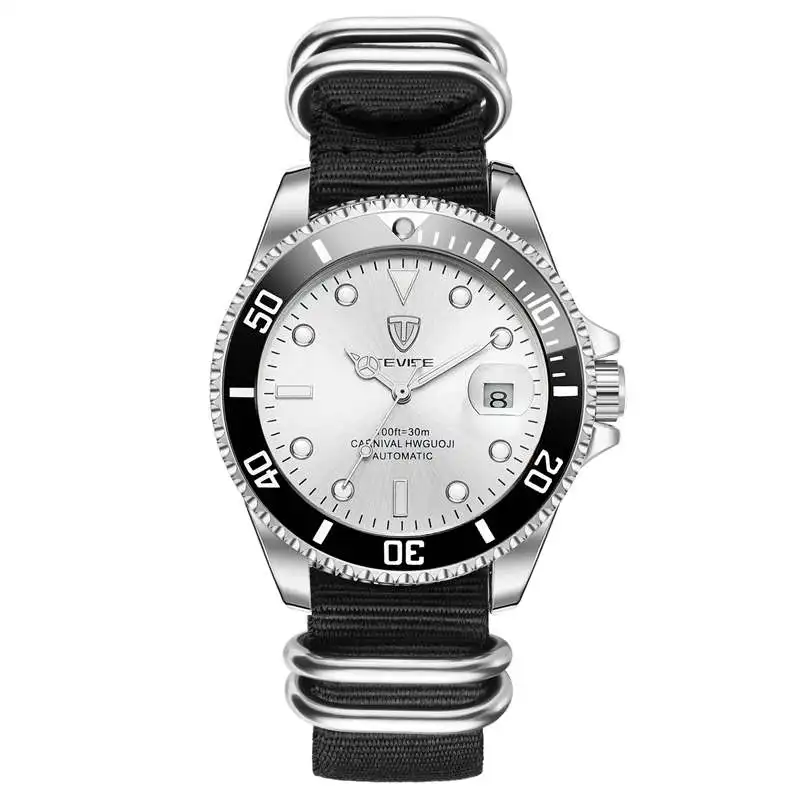 Casual Tevise Black Dial Mens Watches Automatic Mechanical Clock Canvas Strap Luminous Waterproof Date Male Wristwatch - Цвет: white black