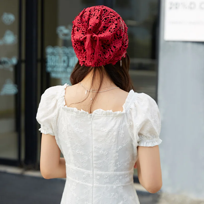 Spring Summer Hats For Women Lace Hollowed Crochet Flower Thin Beanies Skullies Ladies Headgear Turban Hat 5