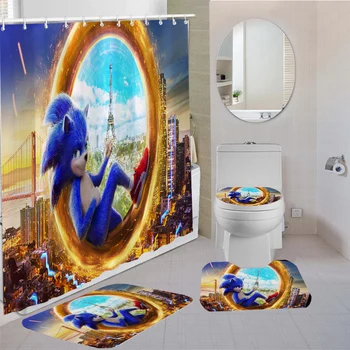 

Sonic the Hedgehog Bathroom Shower Curtain Anime Character Shower Curtains Fabric Bathroom Curtain Bath Rugs Toilet Lid Cover