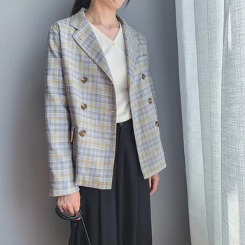 

Vintage Double Breasted Plaid Women Blazer Pockets Jackets Female Retro Suits Coat Feminino blazers Outerwear