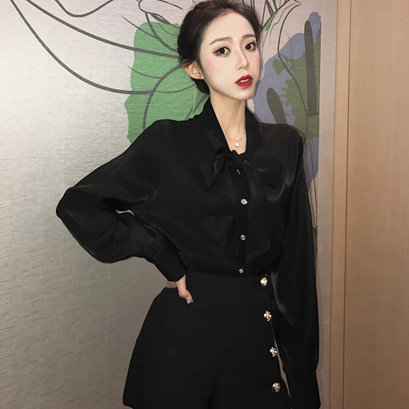 

2019 Spring Female Sweet Korean High Quality Bow Collar Casual Fresh Solid Loose All-Match Free Shirts