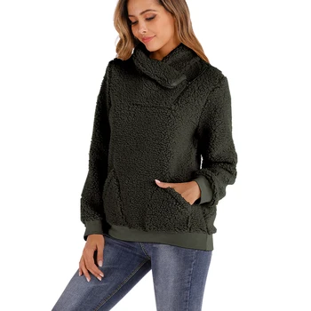 

Thickened Warm Daily Pullover Women Sweatshirt Turtle Neck Solid Artificial Fleece Long Sleeve Travel Soft Zipper Casual