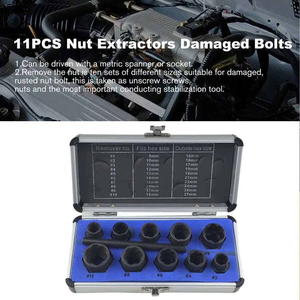 11PC Nut Extractors Damaged Bolts Nuts Screws Remover Extractor Multifunction Removal Tools Set Broken Bolt Removal Kit