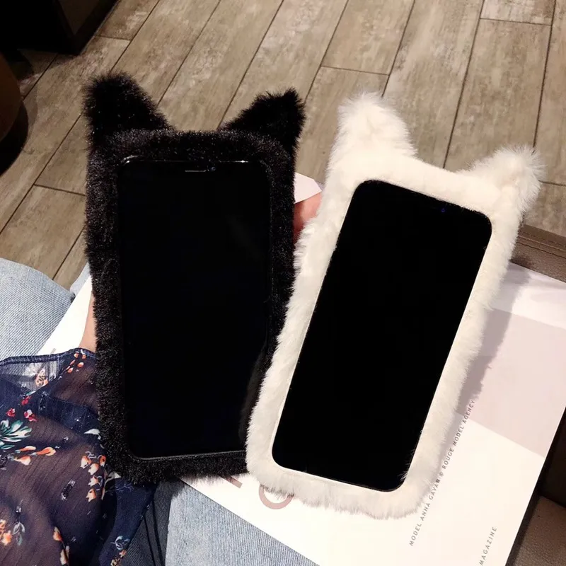 Tfshining Winter Plush Cute Cat Phone Case For Apple iphone X XS Max XR 8 7 6 6S Plus Soft Silicone TPU Full Hair Fur Case Coque (8)