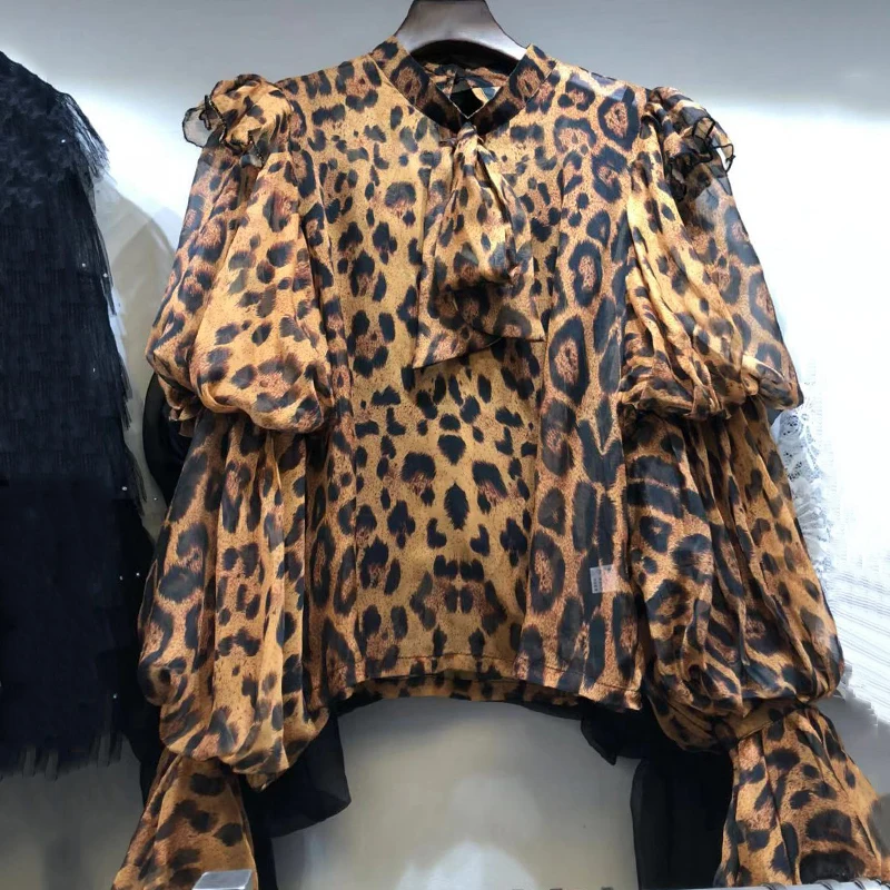 CHICEVER, винтажная шифоновая блузка с леопардовым принтом для женщин, на шнуровке, пышная, с длинным рукавом, Корейская рубашка, топы, женская мода, осень, новинка