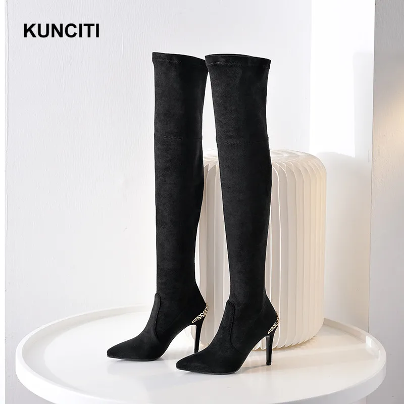 KUNCITI/; облегающие высокие сапоги до бедра; облегающие зимние женские сапоги; женские Сапоги выше колена на высоком каблуке; европейский дизайн; B916 - Цвет: Black Plush In