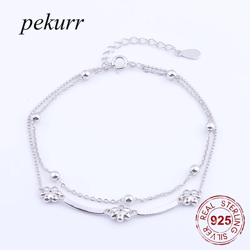 Pekurr ювелирные изделия из стерлингового серебра 925 пробы двойная цепочка из бисера 3 браслет-цепочка с цветами модные красивые аксессуары для женщин украшения