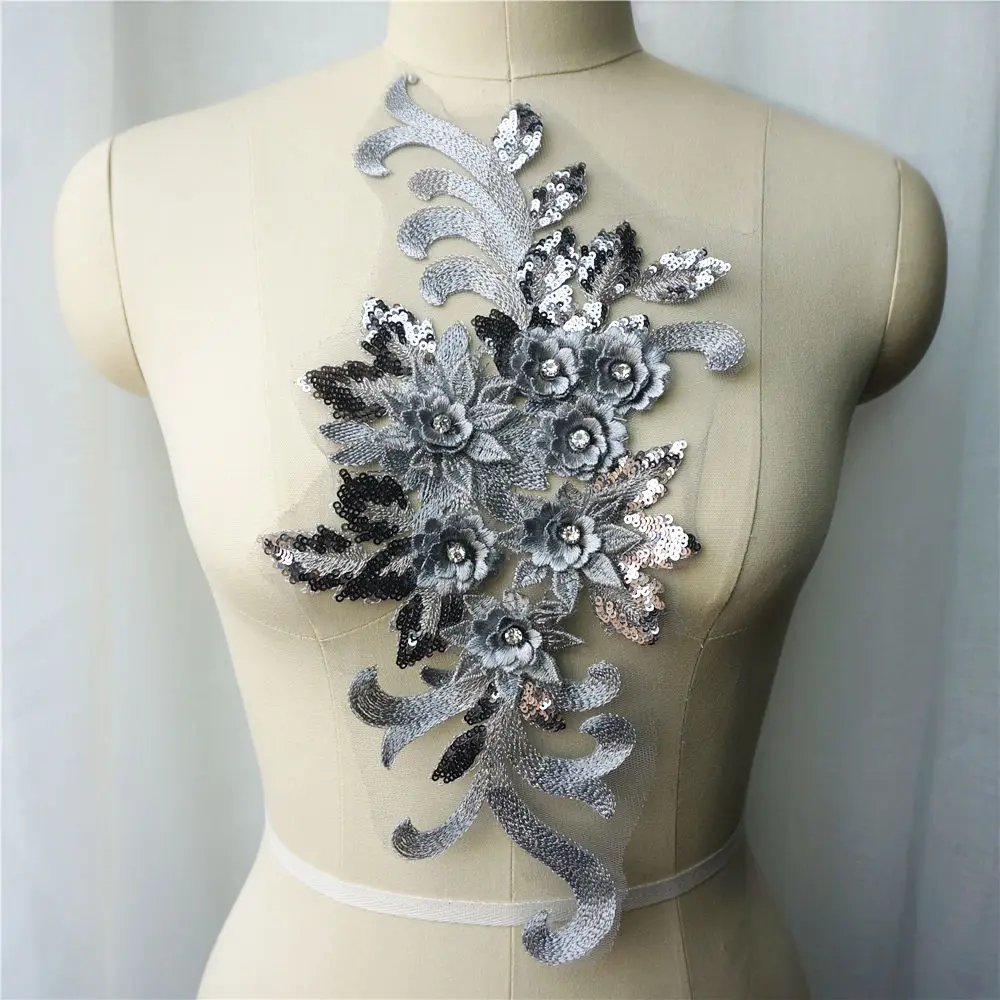 

Grey Silver Lace Fabric Sequin 3D Flowers Rhinestone Tassel Wedding Gown Appliques Embroidered Sew Patch For Dress DIY Decor