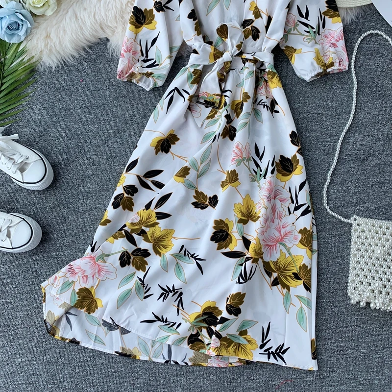 Autumn Women Long Floral Dresses Fashion Korean Women Flower Dress Lady A-line Party Dress