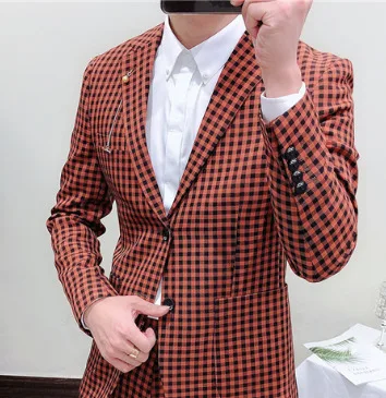 Orange blazer Британский стиль, винтажный пиджак-смокинг, клетчатые мужские повседневные свадебные костюмы, клетчатые однобортные костюмы, мужской деловой костюм, приталенный - Цвет: Orange blazer