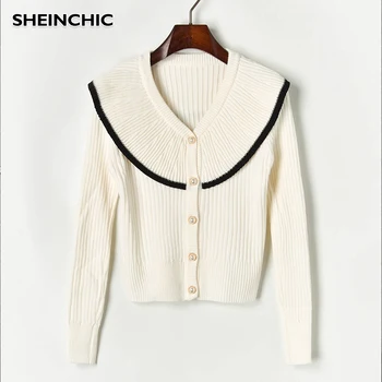 

White/Black Women Knit Cardigan 2019 Long Sleeve Ruffled Single Breasted Sweater Vintage Pearls High Waist Female Knitted Blouse