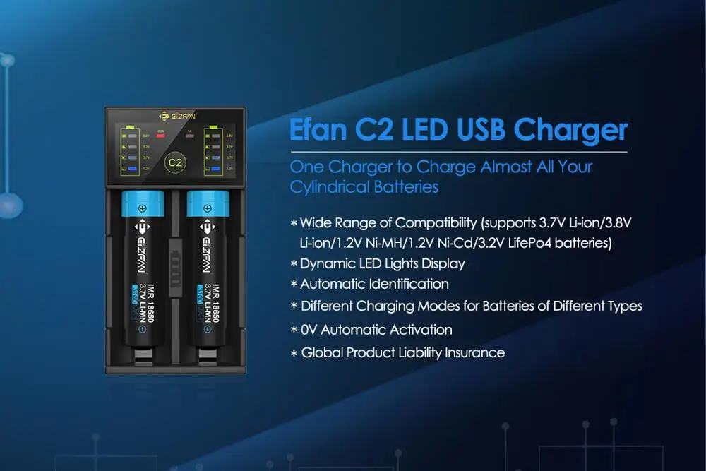 Efan Eizfan C2 Универсальное зарядное устройство переменного тока 2 слота 5V 1A usb led интеллигентая(ый) портативный для 18650 26650 зарядное устройство для литий-ионного аккумулятора Мощность банка