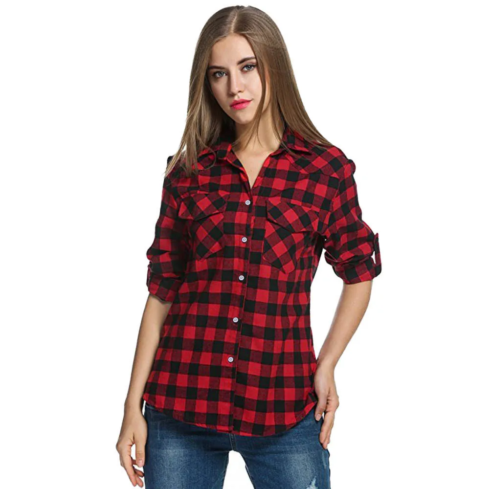 

NoEnName_Null Shirt For Women Turn-down Collar Tartan Plaid Flannel Blouse Roll Up Sleeve Casual Tops Button Down Blouse Camisas