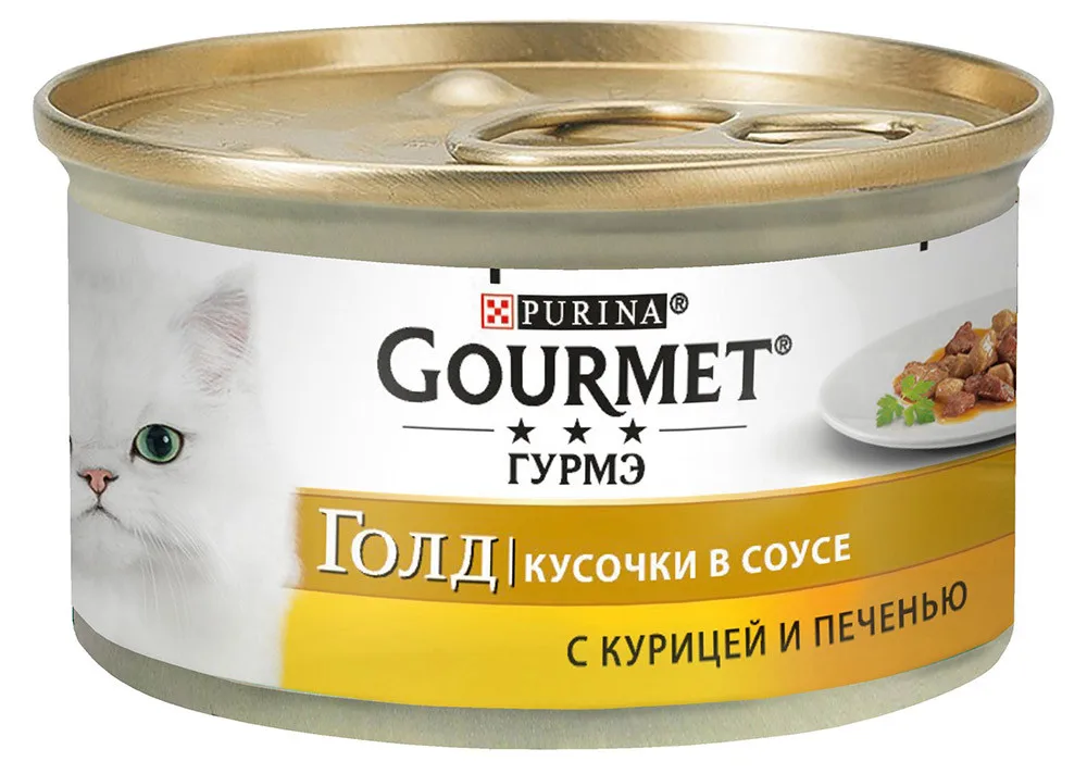 Корм влажный Gourmet Gold Кусочки в соусе для кошек с курицей, Банка, 85 г(24 шт