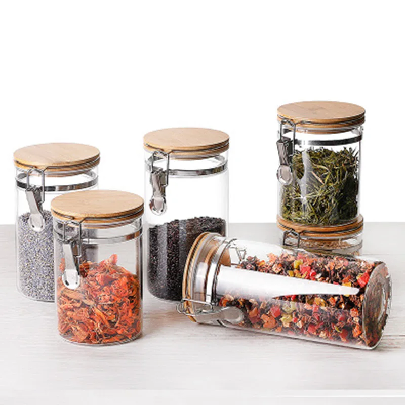 Food Storage Jar Glass Food Storage Jar with Airtight Seal Bamboo Lid Snap-Fit Glass Canister P7Ding