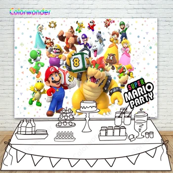 

Cartoon Super Brothers Party Backdrop Bowser Yoshi Peach Funny Photo Background For Boy's Birthday Party Dessert Table Banner