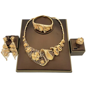 

Indian Bridal Jewelry Sets Charm Women Big Necklace Flower Shape Bracelet Crystal Earrings Ring Fashion African Jewelry