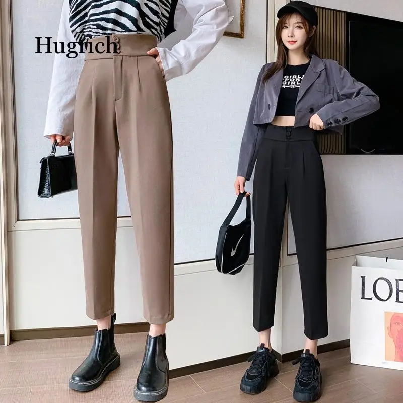 2021 Tweed Pants for Grils Autumn Winter High Waist Loose and Thin Tight Feet Harlem Pants