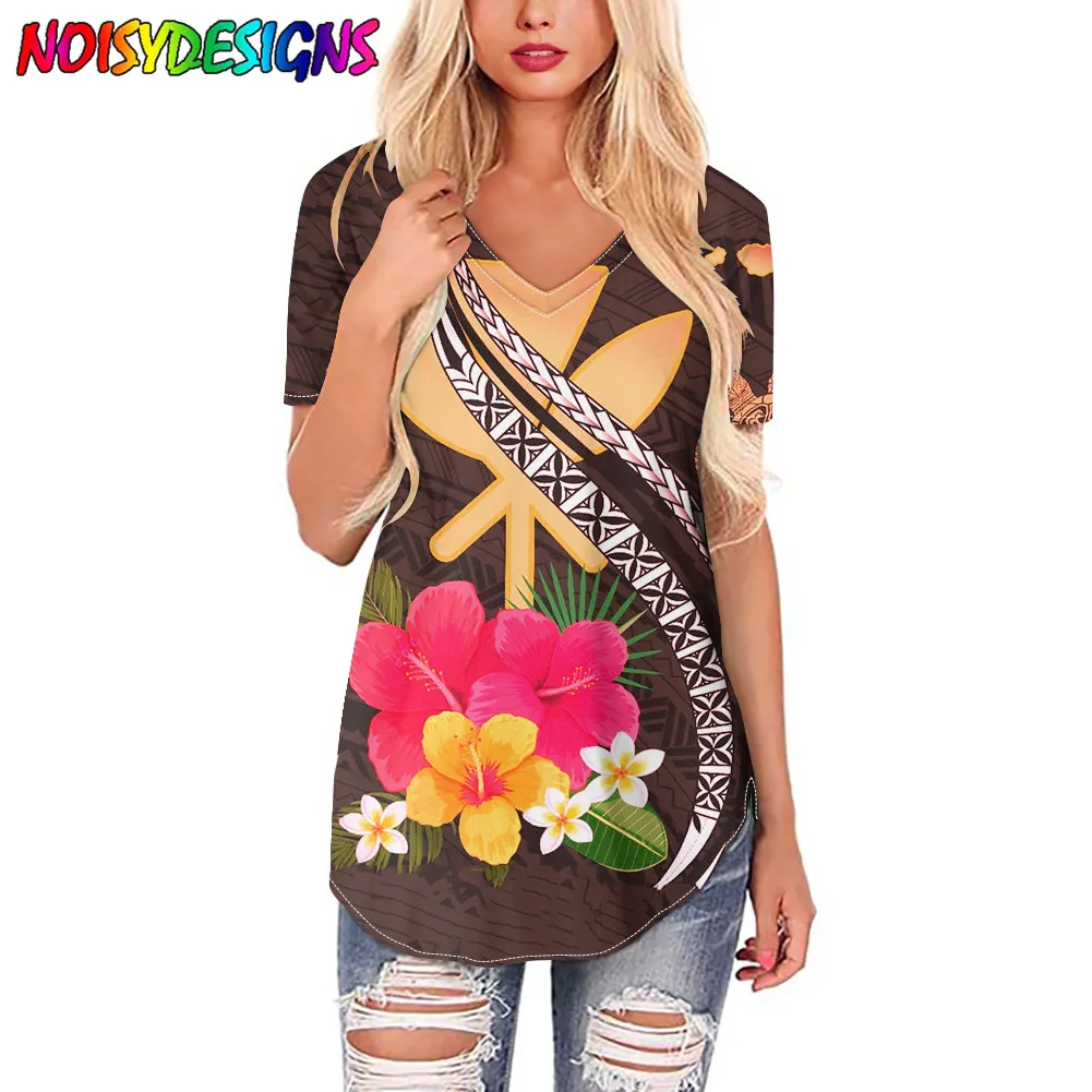 

NOISYDESIGNS Women T-shirt Summer New Loose V-Neck Samoan Hibiscus Polynesian Tribal Pattern Tops Short-sleeved Clothes Casual