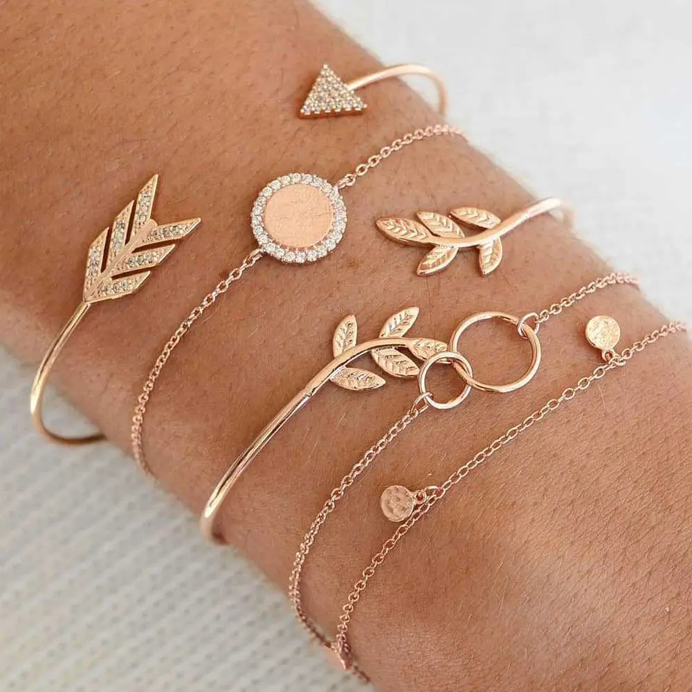 

2019 New 5 Pcs/set Bohe Vintage Bracelet Set Bangle Rhinestone Arrow Leaves Metal Bracelet Women Fashion Jewelry