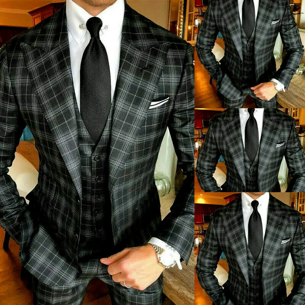 Trajes de boda para hombre, esmoquin con solapa y visera, abrigo de mezcla de lana de Tweed + chaleco + pantalón, negro, ajustado, 3 piezas, 2021